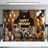 Aperturee - Aperturee Black Gold Balloon Gift Happy Birthday Photo Backdrop